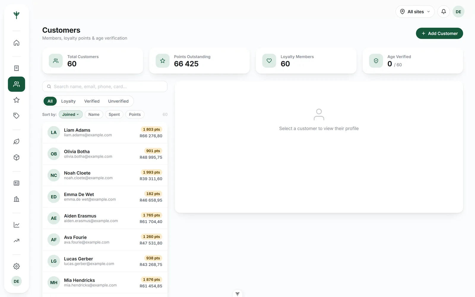 The CannyPos customers screen in the web console, listing customer records and their purchase history per branch.