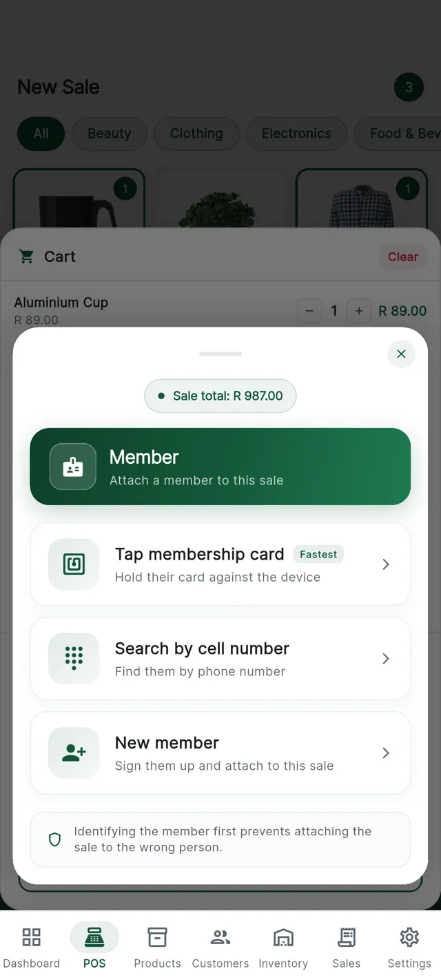 A customer attached to a sale on the CannyPos till, showing their membership details before the payment screen.