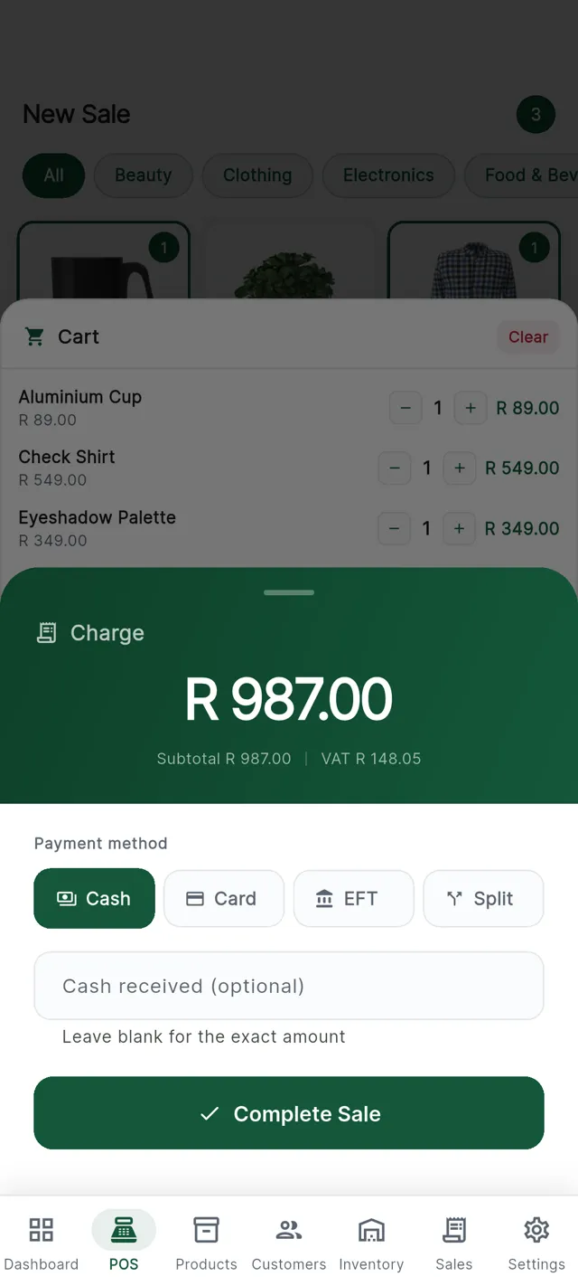 A payment being taken on the CannyPos till, showing cash, card, EFT and split options.