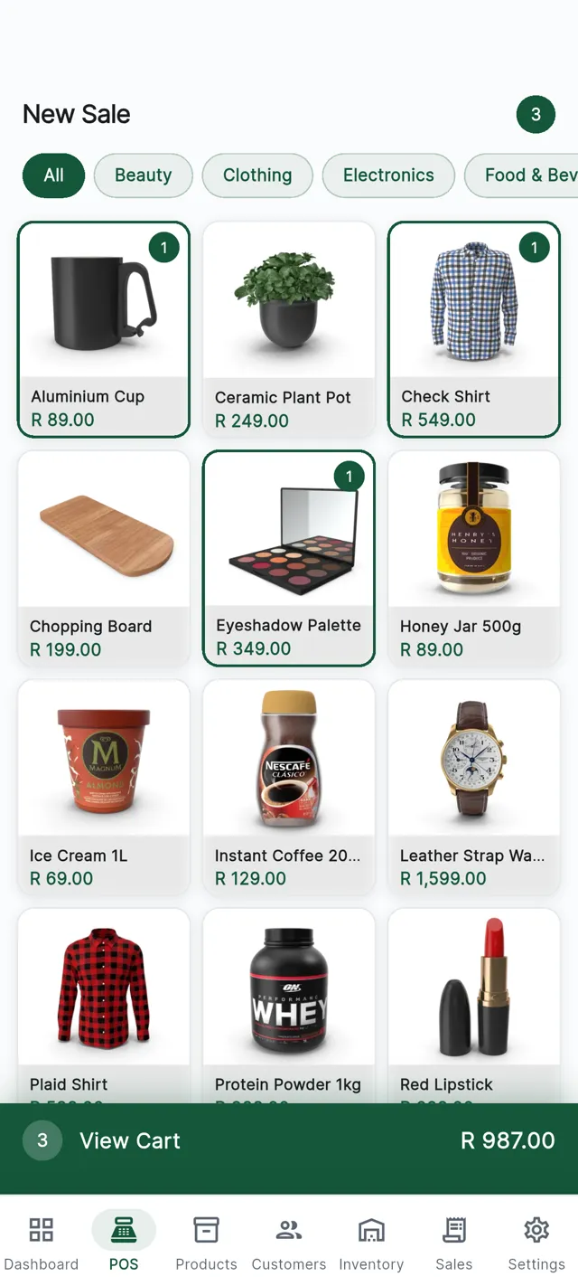 The CannyPos till product grid on a phone, with category tabs across the top and products laid out as tappable tiles.
