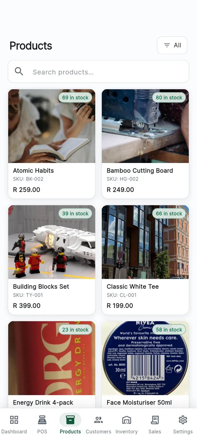 The CannyPos till product screen on a phone, with categories down the side and each product showing its price and remaining stock.
